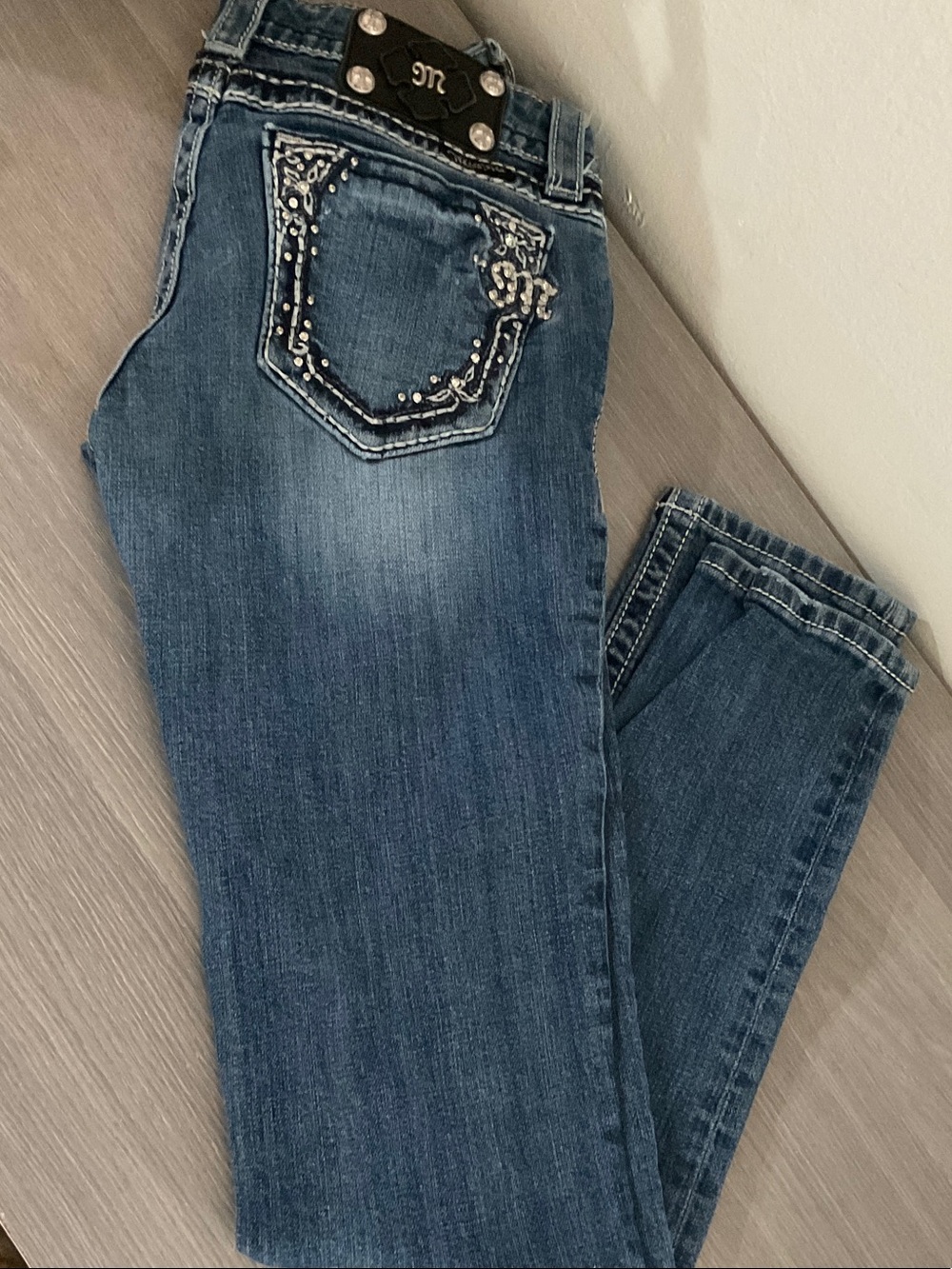 Miss Me Dark Blue Boot Cut Jeans with Rhinestone Pocket